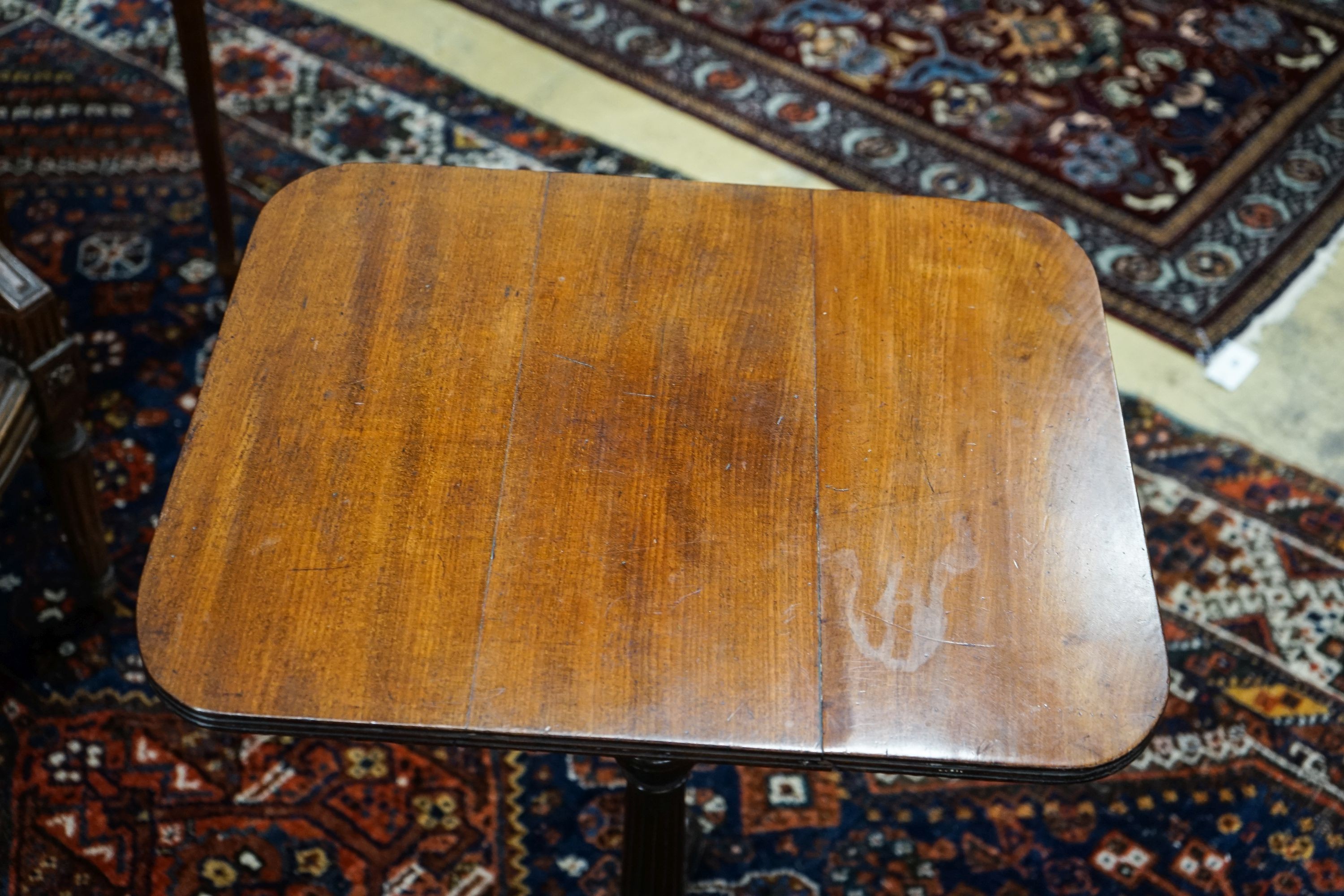 A George III rectangular mahogany tripod wine table (altered), width 53cm, depth 46cm, height 75cm